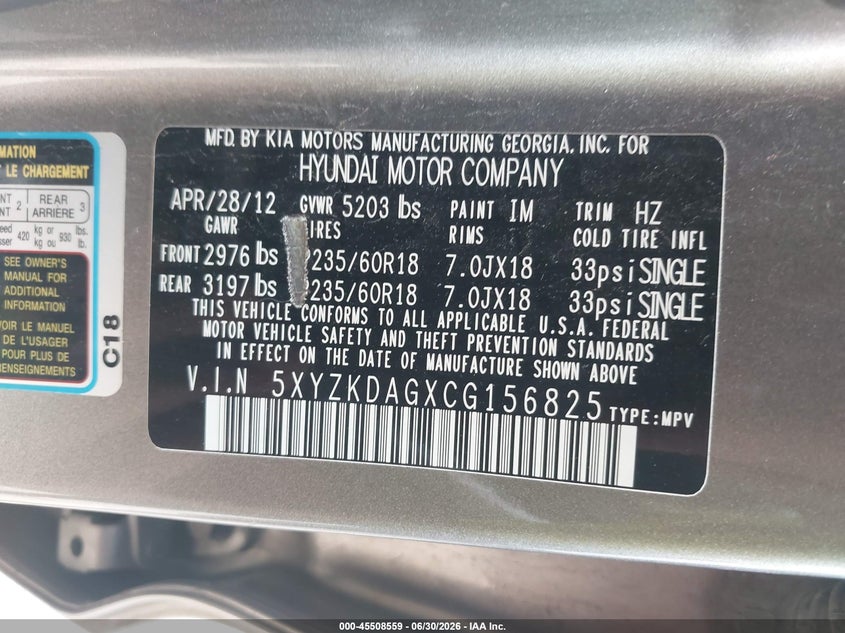 2012 Hyundai Santa fe VIN 5XYZKDAGXCG156825 IAAI salvage auction — NORMAL WEAR, Clear (Indiana), sold $600 on 2026-07-29 (photo 9)