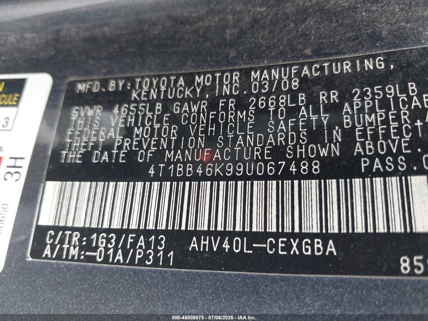 2009 Toyota Camry hybrid VIN 4T1BB46K99U067488 IAAI salvage auction — NORMAL WEAR, Clear (Florida), sold $350 on 2026-07-20 (photo 9)