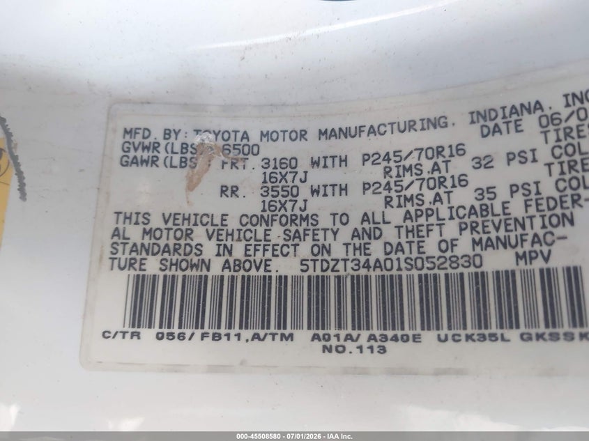 2001 Toyota Sequoia VIN 5TDZT34A01S052830 IAAI salvage auction — NORMAL WEAR, Clear (Arizona), sold $300 on 2026-07-21 (photo 9)