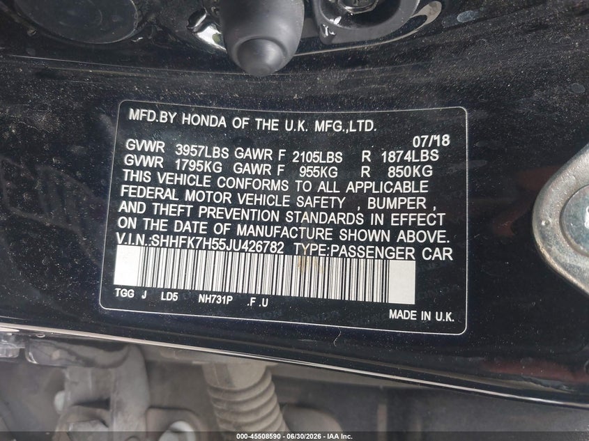 2018 Honda Civic VIN SHHFK7H55JU426782 IAAI salvage auction — REAR END, Salvage (California), sold $2,550 on 2026-07-28 (photo 9)