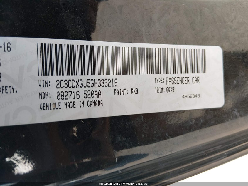 2016 Dodge Charger VIN 2C3CDXGJ5GH333216 IAAI salvage auction — FRONT END, Salvage (Texas), sold $11,600 on 2026-07-28 (photo 9)