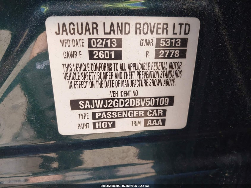 2013 Jaguar Xj VIN SAJWJ2GD2D8V50109 IAAI salvage auction — FRONT END, Salvage Title, sold $800 on 2026-08-02 (photo 9)