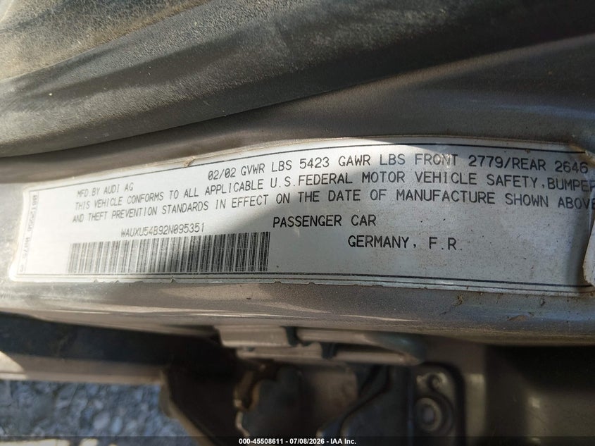 2002 Audi S6 VIN WAUXU54B92N095351 IAAI salvage auction — NORMAL WEAR, Regular Certificate (Iowa), sold $375 on 2026-07-27 (photo 9)