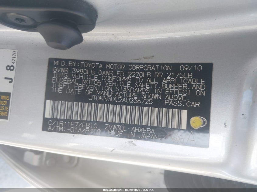 2010 Toyota Prius VIN JTDKN3DU2A0236725 IAAI salvage auction — RIGHT SIDE, Salvage (California), sold $650 on 2026-07-20 (photo 9)