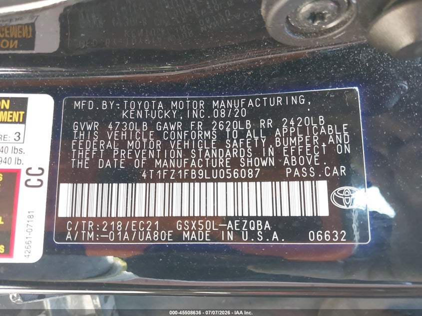 2020 Toyota Avalon VIN 4T1FZ1FB9LU056087 IAAI salvage auction — FRONT END, Salvage (Kansas), sold $7,600 on 2026-07-29 (photo 9)