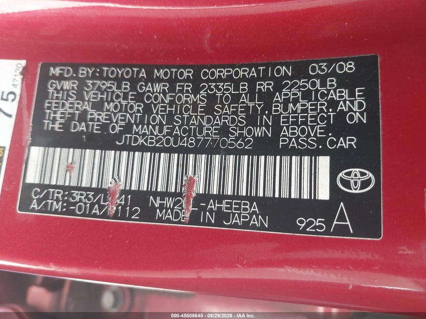 2008 Toyota Prius VIN JTDKB20U487770562 IAAI salvage auction — NORMAL WEAR, App For Dup Salv Title - Dealer (California), sold $425 on 2026-07-28 (photo 9)