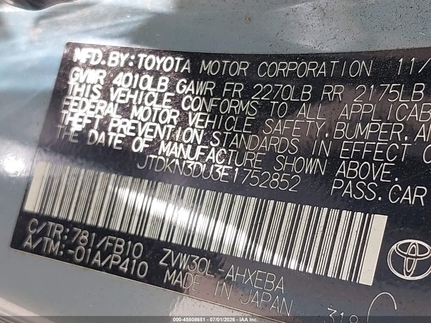 2014 Toyota Prius VIN JTDKN3DU3E1752852 IAAI salvage auction — NORMAL WEAR, Original (Texas), sold $1,525 on 2026-07-31 (photo 9)