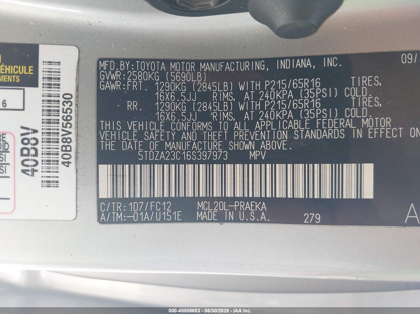 2006 Toyota Sienna VIN 5TDZA23C16S397973 IAAI salvage auction — FRONT END, Salvage (California), sold $625 on 2026-07-22 (photo 9)