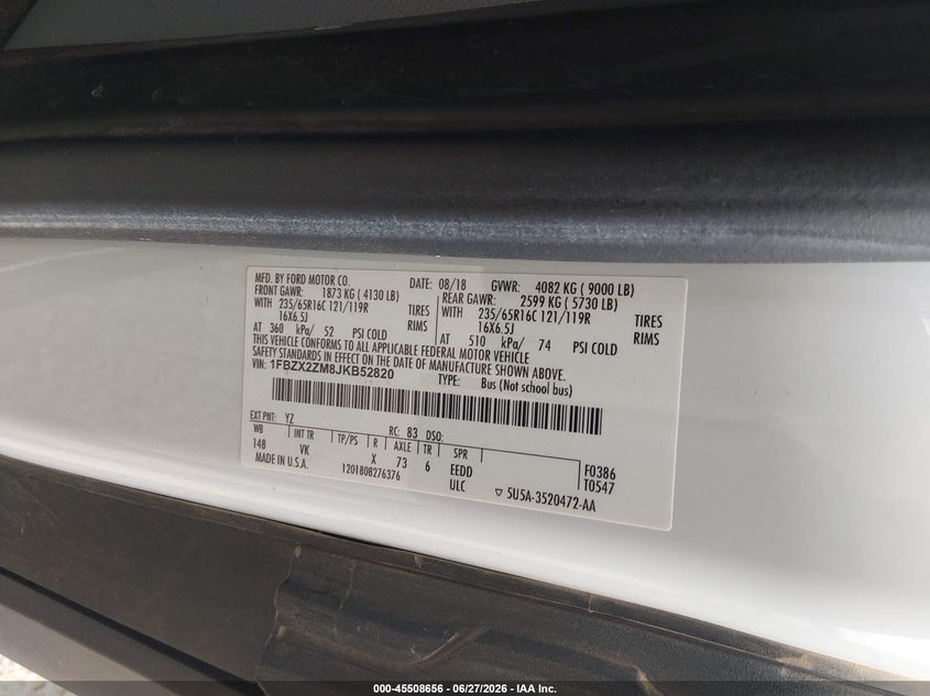 2018 Ford Transit-350 VIN 1FBZX2ZM8JKB52820 IAAI salvage auction — NORMAL WEAR, Sf97 (Texas), sold $13,375 on 2026-09-02 (photo 9)