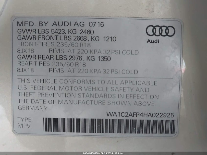 2017 Audi Q5 VIN WA1C2AFP4HA022925 IAAI salvage auction — FRONT END, Salvage (California), sold $2,500 on 2026-07-09 (photo 9)