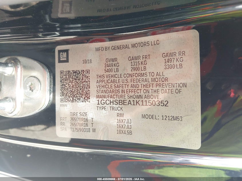 2019 Chevrolet Colorado VIN 1GCHSBEA1K1150352 IAAI salvage auction — FRONT END, Salvage Title, sold $3,850 on 2026-07-24 (photo 9)