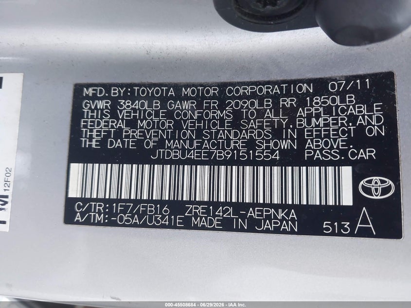 2011 Toyota Corolla VIN JTDBU4EE7B9151554 IAAI salvage auction — FRONT & REAR, Clear (New Jersey), sold $2,650 on 2026-07-15 (photo 9)