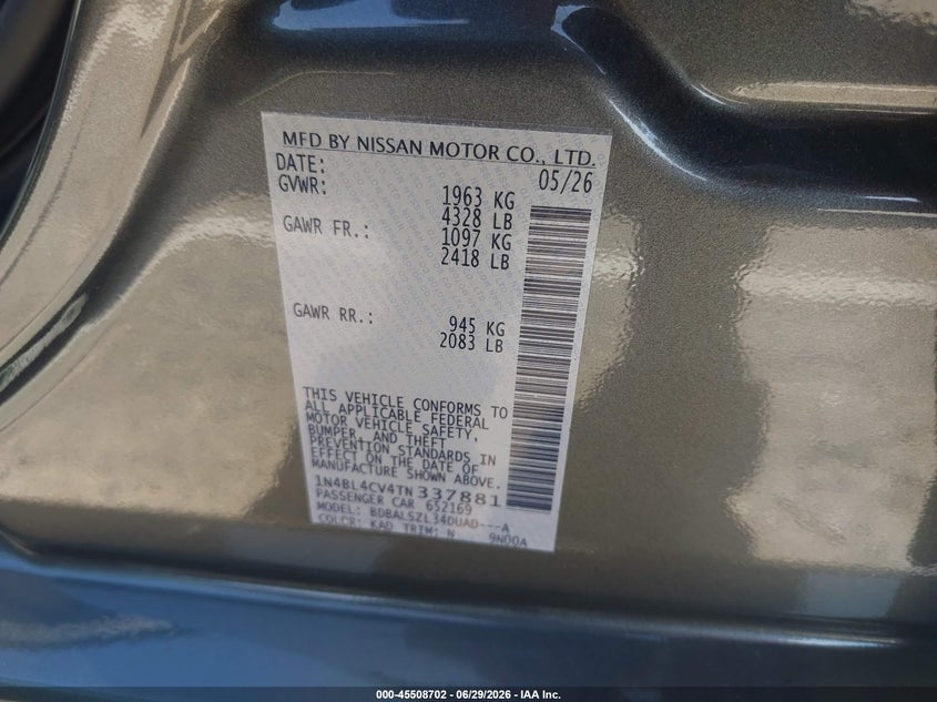 2026 Nissan Altima VIN 1N4BL4CV4TN337881 IAAI salvage auction — FRONT END, Salvage Title, sold $7,400 on 2026-08-02 (photo 9)