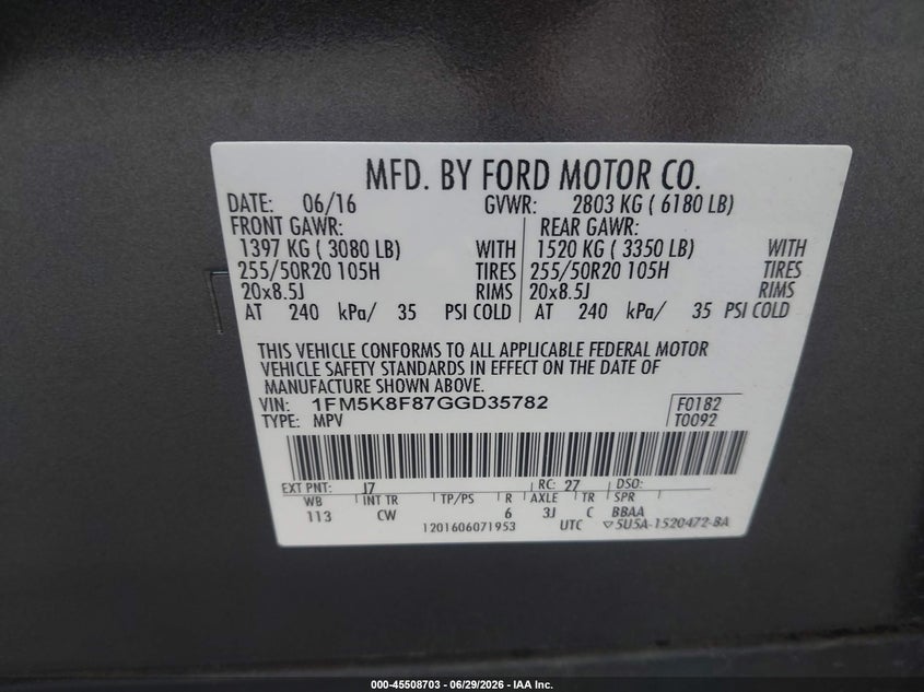 2016 Ford Explorer VIN 1FM5K8F87GGD35782 IAAI salvage auction — NORMAL WEAR, Clear (North Carolina), sold $2,100 on 2026-07-22 (photo 9)