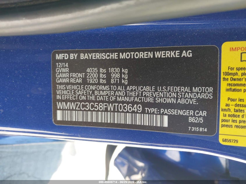 2015 Mini Countryman VIN WMWZC3C58FWT03649 IAAI salvage auction — LEFT SIDE, Salvage (California), sold $425 on 2026-07-29 (photo 9)