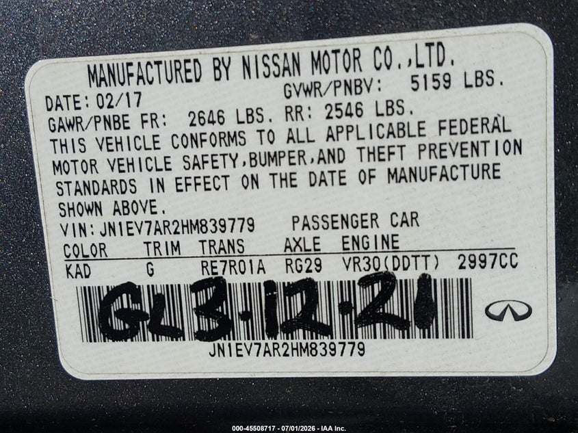 2017 Infiniti Q50 VIN JN1EV7AR2HM839779 IAAI salvage auction — Burn Engine, Salvage Title, sold $625 on 2026-09-02 (photo 9)