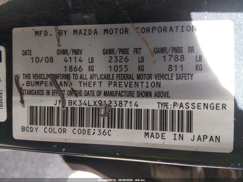 2009 Mazda 3 VIN JM1BK34LX91238714 IAAI salvage auction — NORMAL WEAR, Clear (Illinois), sold $300 on 2026-07-28 (photo 9)