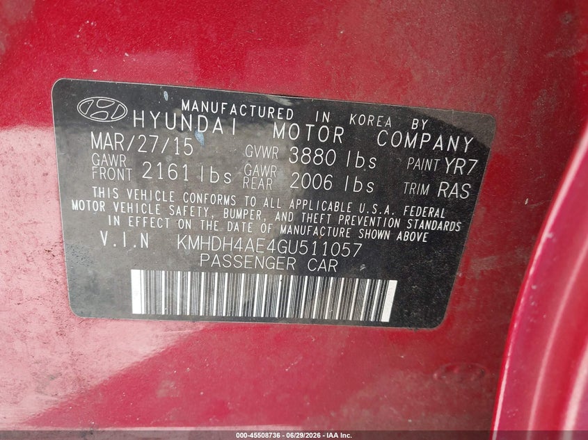 2016 Hyundai Elantra VIN KMHDH4AE4GU511057 IAAI salvage auction — NORMAL WEAR, Clear (Florida), sold $1,100 on 2026-07-07 (photo 9)