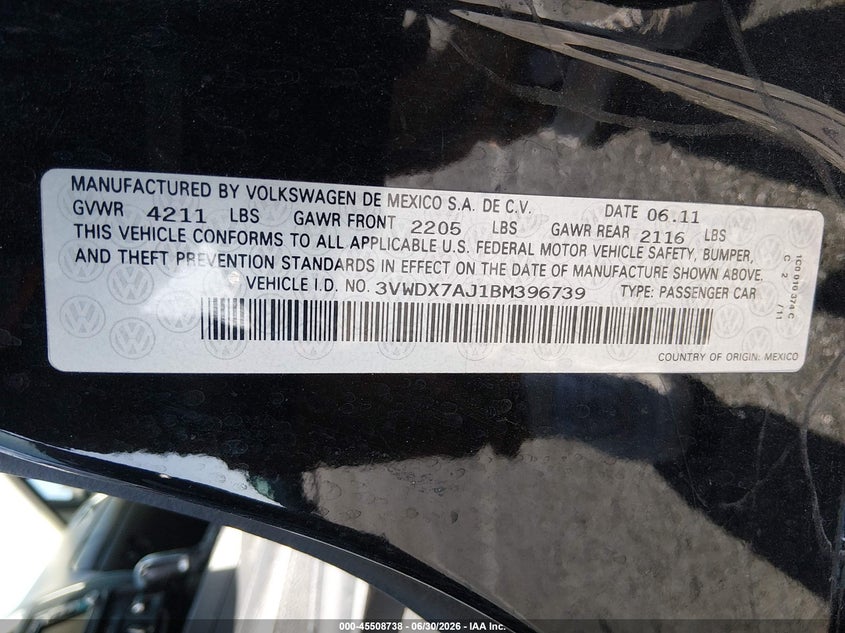 2011 Volkswagen Jetta VIN 3VWDX7AJ1BM396739 IAAI salvage auction — SIDE, Salvage (Nevada), sold $550 on 2026-10-03 (photo 9)