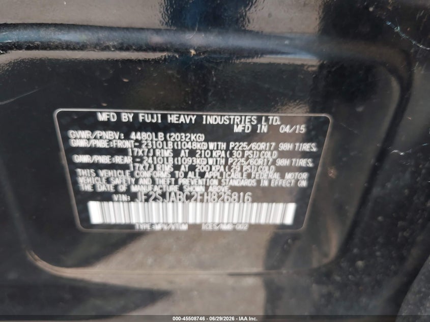 2015 Subaru Forester VIN JF2SJABC2FH826816 IAAI salvage auction — NORMAL WEAR, Clear - Public Restricted (Oklahoma), sold $2,225 on 2026-07-22 (photo 9)