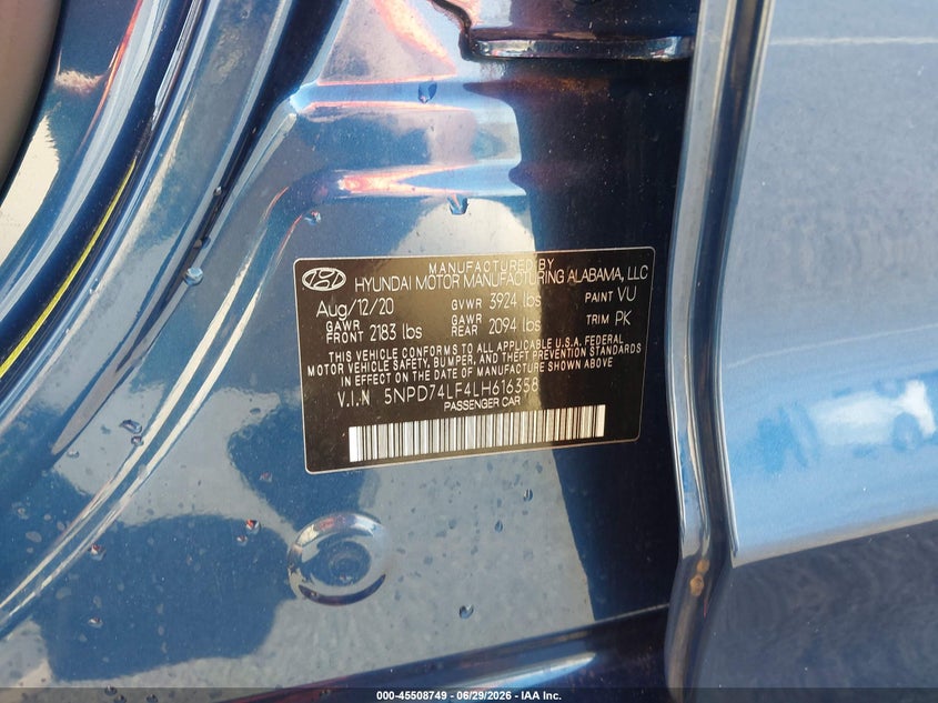 2020 Hyundai Elantra VIN 5NPD74LF4LH616358 IAAI salvage auction — NORMAL WEAR, Sf97 (Hawaii), sold $7,200 on 2026-07-28 (photo 9)