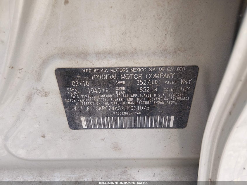 2018 Hyundai Accent VIN 3KPC24A32JE021075 IAAI salvage auction — NORMAL WEAR, Clear (Arkansas), sold $700 on 2026-07-24 (photo 9)