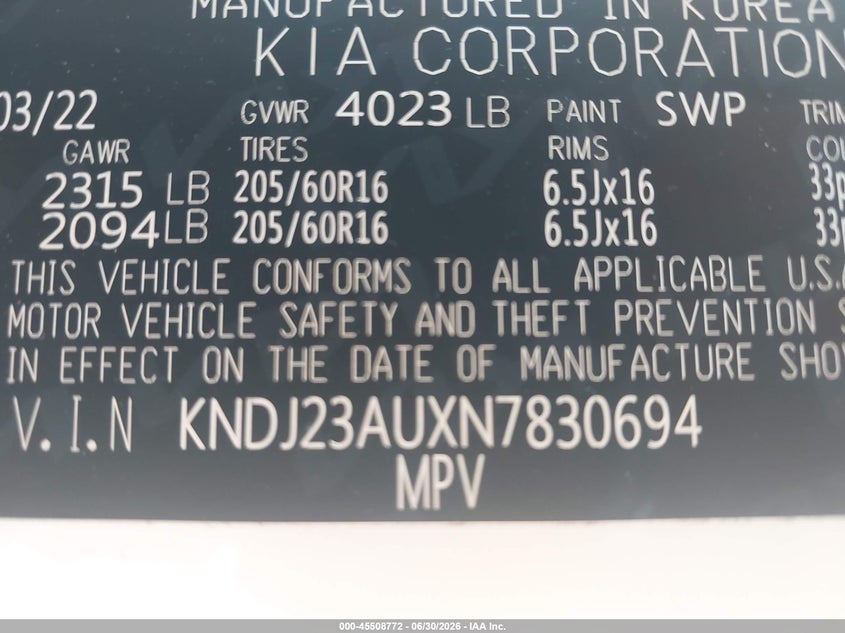 2022 Kia Soul VIN KNDJ23AUXN7830694 IAAI salvage auction — REAR END, Salvage (Virginia), sold $3,875 on 2026-07-27 (photo 9)