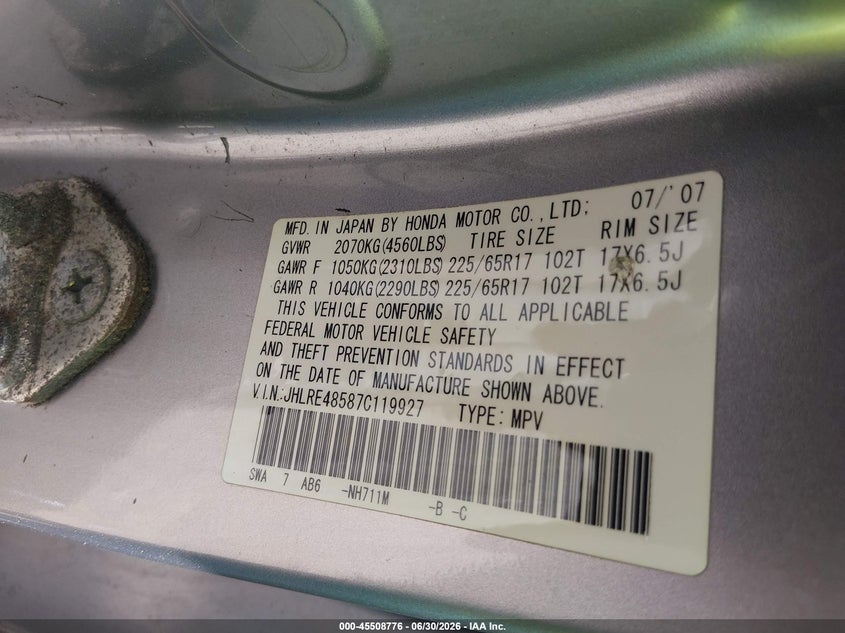 2007 Honda Cr-v VIN JHLRE48587C119927 IAAI salvage auction — FRONT END, Clear (Massachusetts), sold $550 on 2026-07-24 (photo 9)