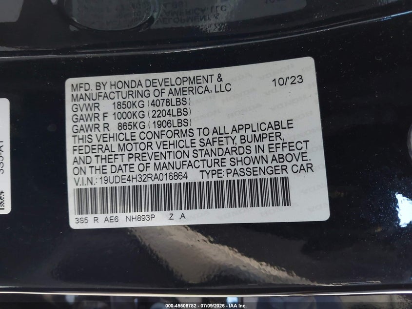 2024 Acura Integra VIN 19UDE4H32RA016864 IAAI salvage auction — FRONT END, Bill Of Sale (Washington), sold $8,000 on 2026-07-29 (photo 9)