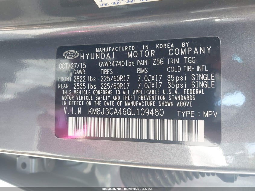 2016 Hyundai Tucson VIN KM8J3CA46GU109480 IAAI salvage auction — RIGHT SIDE, Salvage Title, sold $3,850 on 2026-07-15 (photo 9)
