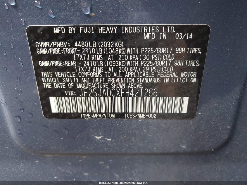 2015 Subaru Forester VIN JF2SJADCXFH421266 IAAI salvage auction — NORMAL WEAR, Clear (North Carolina), sold $850 on 2026-07-30 (photo 9)
