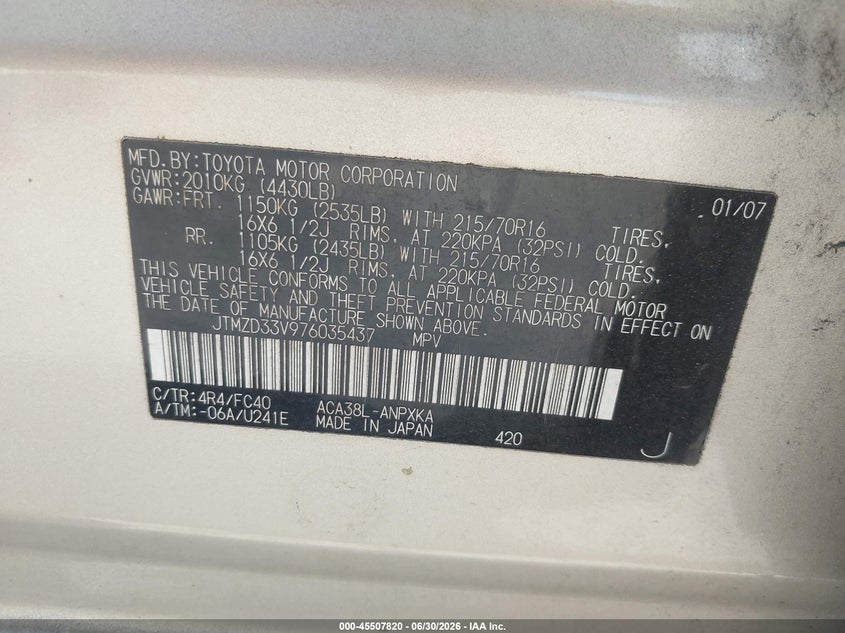 2007 Toyota Rav 4 VIN JTMZD33V976035437 IAAI salvage auction — SIDE, Rebuildable (Florida), sold $1,350 on 2026-07-26 (photo 9)