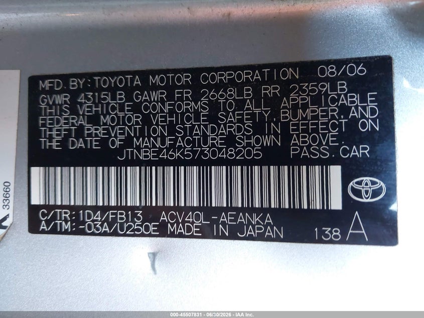 2007 Toyota Camry VIN JTNBE46K573048205 IAAI salvage auction — SIDE, Salvage (California), sold $25 on 2026-07-21 (photo 9)