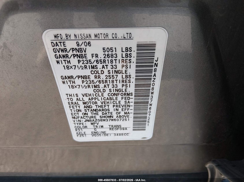 2007 Nissan Murano VIN JN8AZ08W37W607251 IAAI salvage auction — NORMAL WEAR, Regular Certificate (Iowa), sold $550 on 2026-07-14 (photo 9)