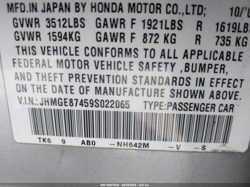 2009 Honda Fit VIN JHMGE87459S022065 IAAI salvage auction — NORMAL WEAR, Clear - Dealer Only (California), sold $975 on 2026-07-06 (photo 9)