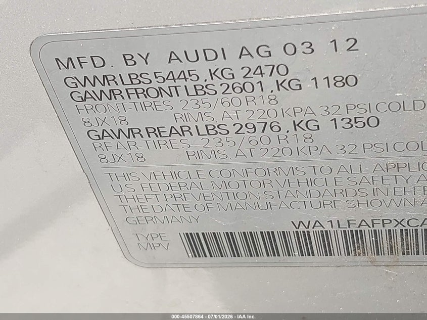 2012 Audi Q5 VIN WA1LFAFPXCA097240 IAAI salvage auction — WATER/FLOOD, Salvage (Texas), sold $250 on 2026-07-24 (photo 9)