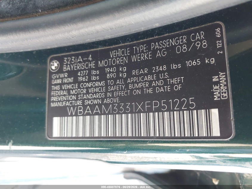 1999 BMW 3 series VIN WBAAM3331XFP51225 IAAI salvage auction — UNKNOWN, Salvage (California), sold $425 on 2026-08-01 (photo 9)