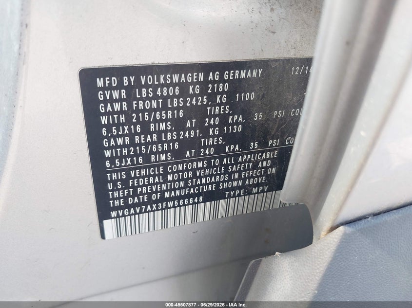 2015 Volkswagen Tiguan VIN WVGAV7AX3FW566648 IAAI salvage auction — NORMAL WEAR, Clear (Illinois), sold $1,250 on 2026-07-29 (photo 9)