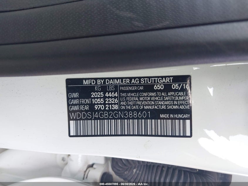 2016 Mercedes-benz Cla-klasse VIN WDDSJ4GB2GN388601 IAAI salvage auction — LEFT SIDE, Rebuildable (Florida), sold $1,400 on 2026-07-28 (photo 9)