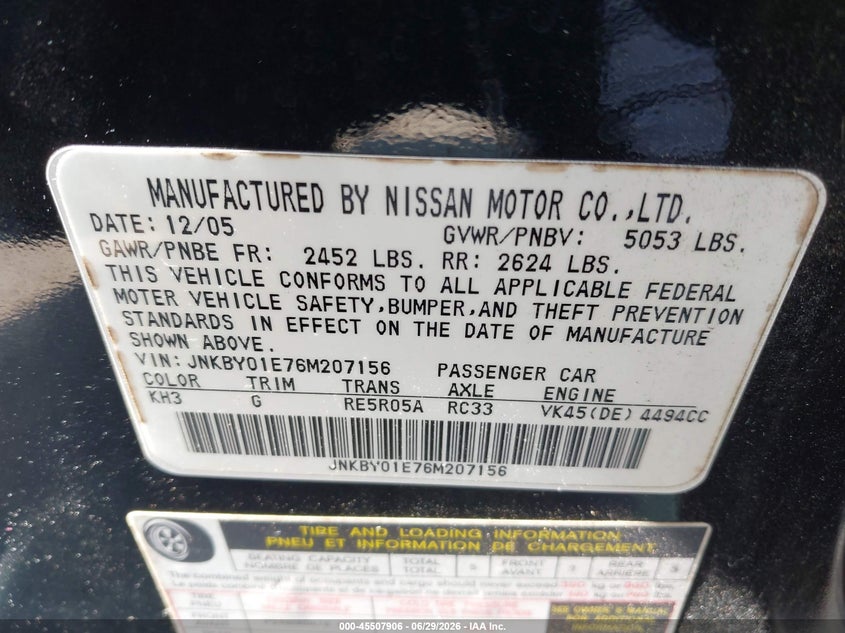 2006 Infiniti M45 VIN JNKBY01E76M207156 IAAI salvage auction — NORMAL WEAR, Clear (Florida), sold $350 on 2026-07-29 (photo 9)