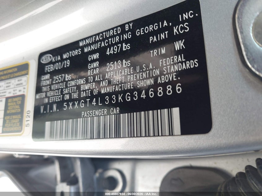 2019 Kia Optima VIN 5XXGT4L33KG346886 IAAI salvage auction — FRONT END, Salvage (California), sold $1,550 on 2026-07-15 (photo 9)