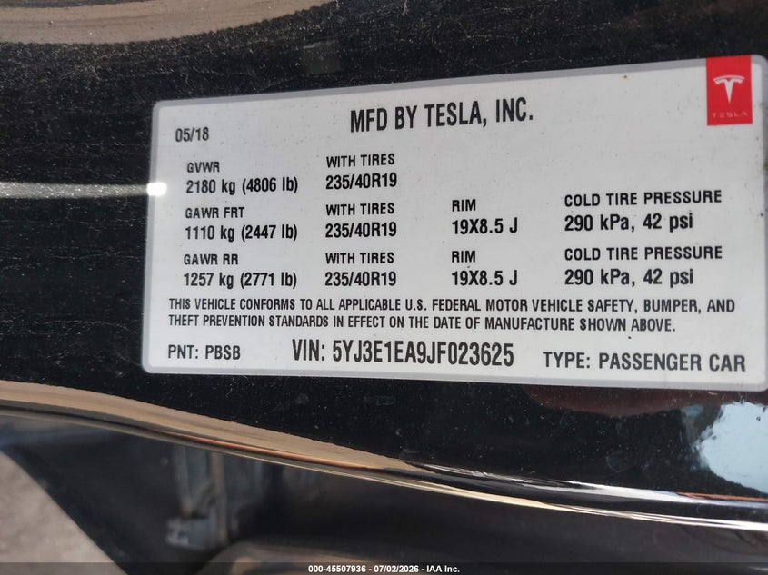 2018 Tesla Model 3 VIN 5YJ3E1EA9JF023625 IAAI salvage auction — REAR END, Salvage - Greater Than 75% (Maryland), sold $6,975 on 2026-08-01 (photo 9)