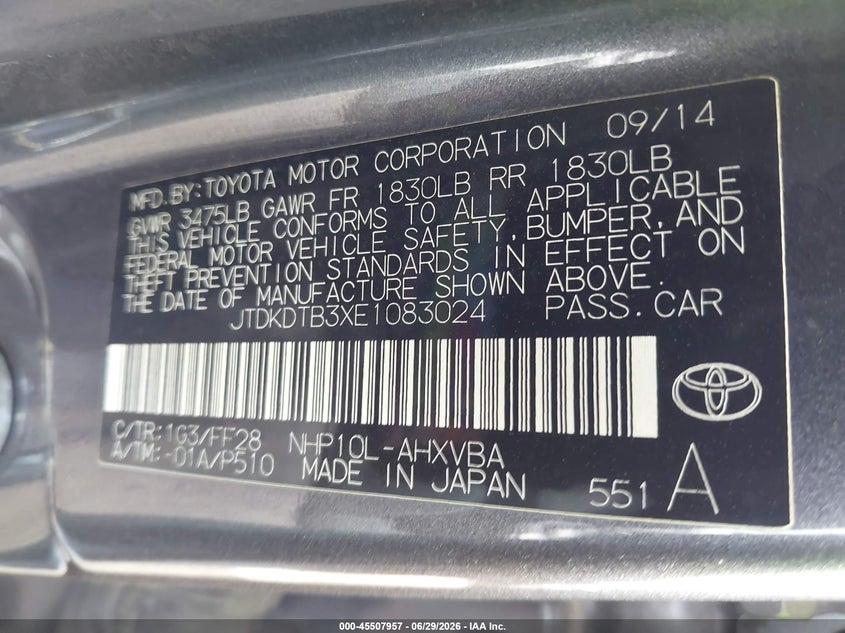 2014 Toyota Prius c VIN JTDKDTB3XE1083024 IAAI salvage auction — NORMAL WEAR, Clear (California), sold $1,225 on 2026-07-28 (photo 9)