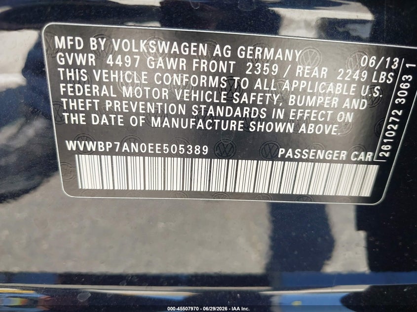 2014 Volkswagen Passat cc VIN WVWBP7ANPEE505389 IAAI salvage auction — RIGHT FRONT, Salvage Title, sold $1,250 on 2026-07-23 (photo 9)