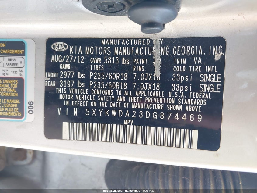 2013 Kia Sorento VIN 5XYKWDA23DG374469 IAAI salvage auction — NORMAL WEAR, Clear (New York), sold $600 on 2026-07-07 (photo 9)