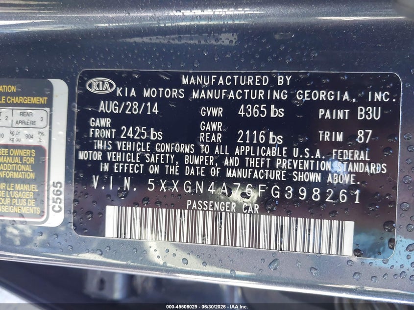 2015 Kia Optima VIN 5XXGN4A76FG398261 IAAI salvage auction — FRONT END, Salvage (Arizona), sold $2,275 on 2026-07-28 (photo 9)