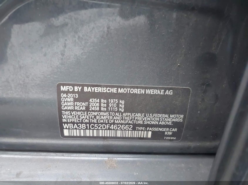 2013 BMW 3er VIN WBA3B1C52DF462662 IAAI salvage auction — UNDERCARRIAGE, Salvage Title, sold $250 on 2026-08-14 (photo 9)