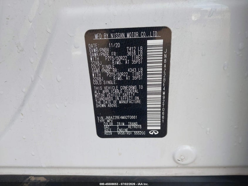 2021 Infiniti Qx80 VIN JN8AZ2BE4M9270661 IAAI salvage auction — SIDE, Salvage Title, sold $17,100 on 2026-07-31 (photo 9)
