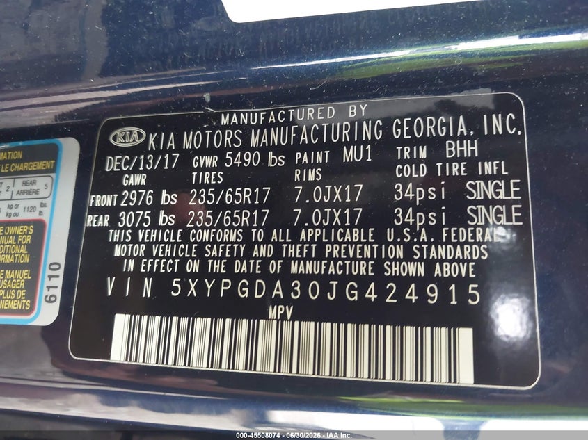 2018 Kia Sorento VIN 5XYPGDA30JG424915 IAAI salvage auction — RIGHT FRONT, Salvage (Tennessee), sold $2,350 on 2026-07-29 (photo 9)