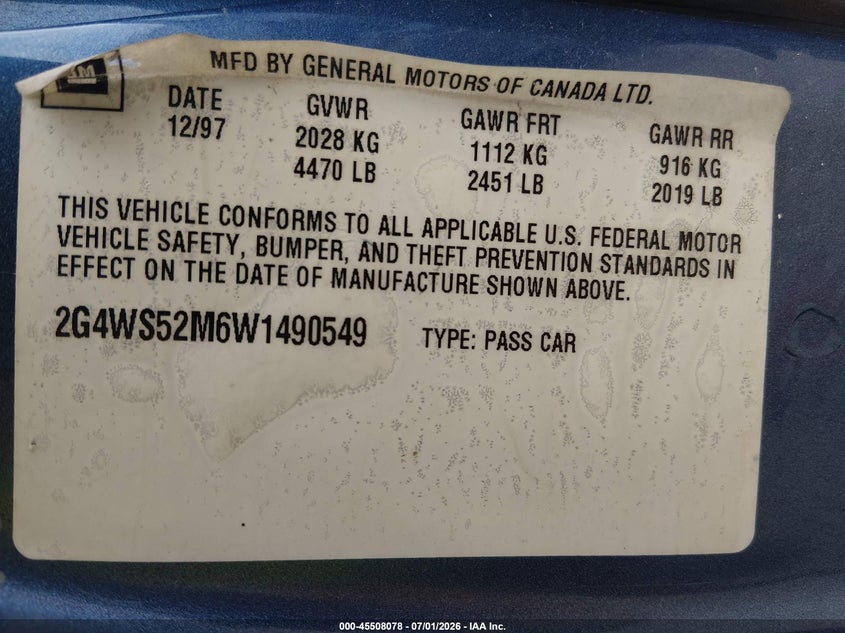 1998 Buick Century VIN 2G4WS52M6W1490549 IAAI salvage auction — NORMAL WEAR, Clear (Kansas), sold $350 on 2026-07-10 (photo 9)